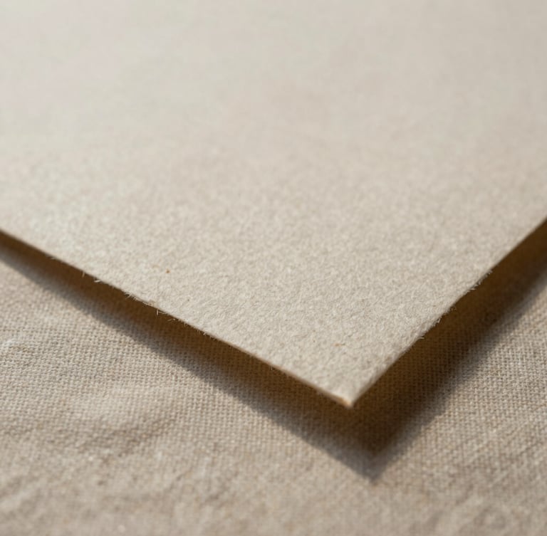 Macro close-up of textured handmade paper resting on raw linen under soft diffused daylight, soft-edged shadows, neutral warm tones.