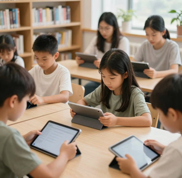 A group of children and adults collaboratively learning with digital tablets in a well-lit community library, natural diffused daylight, soft muted earth tones, shallow depth of field, 35mm lens.