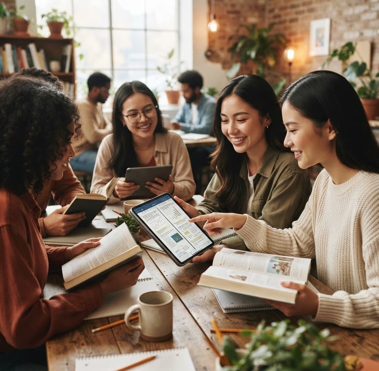 Students in a community learning space, hands holding digital tablets and physical books, collaborating. Warm editorial photography, natural diffused daylight, soft muted earth tones, shallow depth of field, 35mm lens.