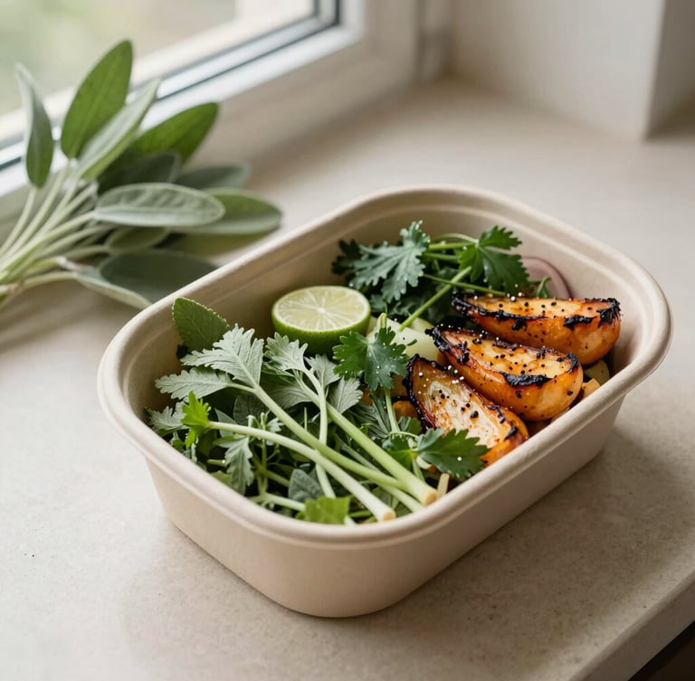 Overhead flat-lay of a freshly prepared healthy meal in clean sustainable packaging, vibrant green herbs and roasted vegetables, soft natural window light, organic sage and sand tones, shallow depth of field, 35mm