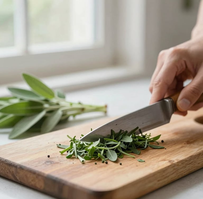 Close-up of fresh green herbs being chopped on a rustic wooden board, soft natural window light, clean kitchen setting, organic sage and sand tones, 35mm