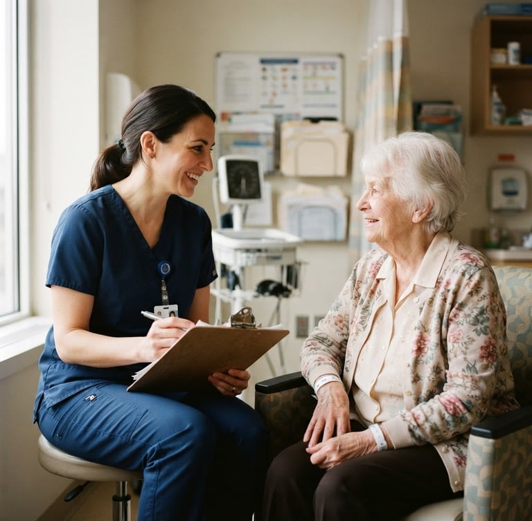 Authentic clinical environment, a nurse holding a clipboard talking to an elderly patient under soft natural daylight, warm editorial photography, shallow depth of field, 35mm