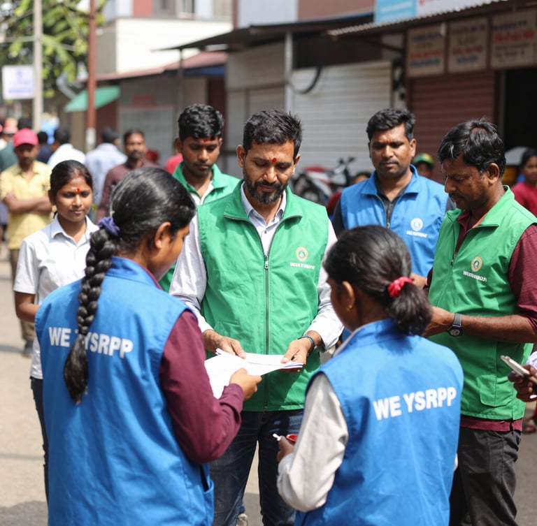 A group of WE YSRCP volunteers in branded vests, actively engaging with Guntur residents during a community outreach event, bright natural daylight, street-level perspective, authentic civic photography, 35mm lens.