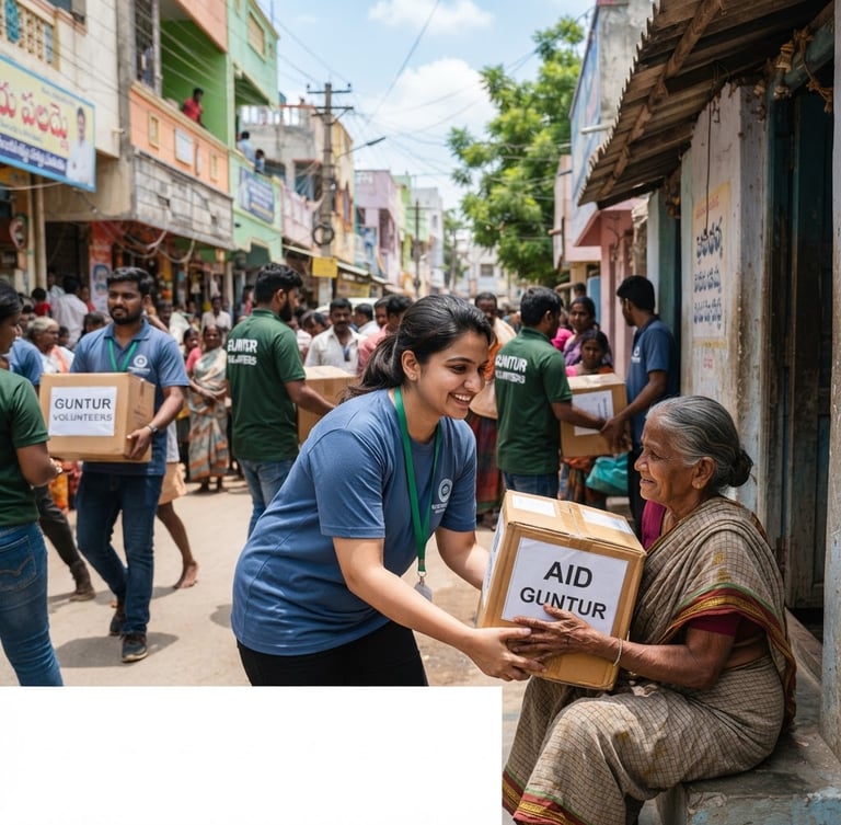 Active Guntur volunteers distributing aid packages in a local neighborhood, bright natural daylight, clean blue and green accents, sharp focus, 35mm lens