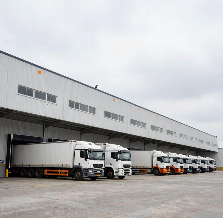 Low-angle wide shot of a massive modern logistics warehouse terminal under overcast daylight, heavy transport trucks aligned at loading bays, high-contrast industrial photography.