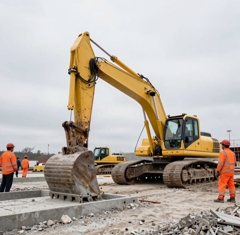 Low-angle wide shot of an active industrial construction site under overcast daylight, heavy yellow excavators working on concrete foundations, high-contrast desaturated tones with safety-orange high-visibility gear on workers.