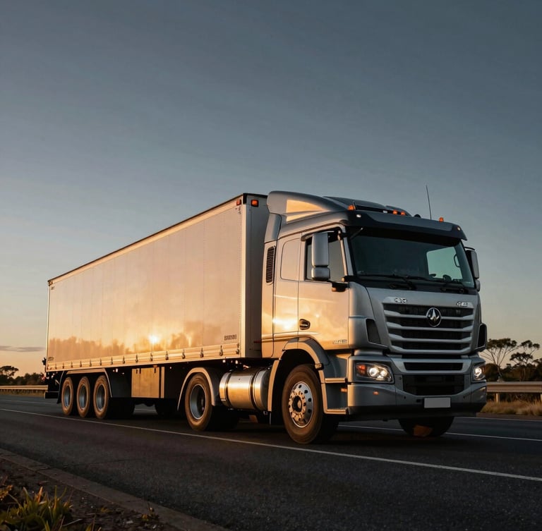 Low-angle heroic wide shot of a modern heavy-duty commercial prime mover hauling a B-double trailer configuration along an Australian highway at golden hour, dramatic metallic textures, 35mm lens.