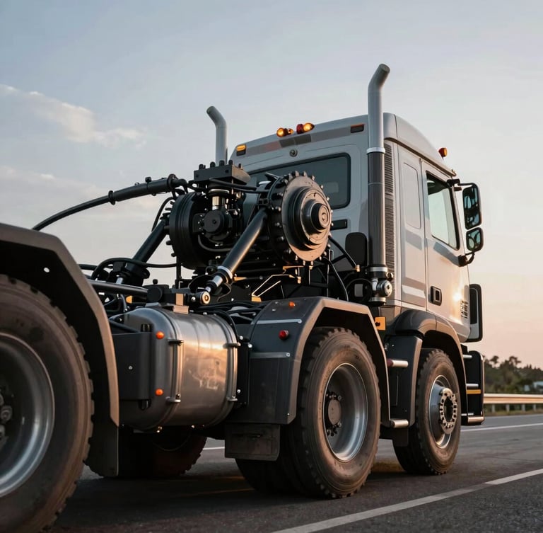 Close-up dramatic shot of heavy-duty prime mover chassis and coupling gear, metallic textures catching sharp overcast light, highly detailed commercial photography.