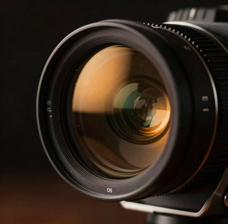 Extreme close-up of an anamorphic cinema lens, amber tally light reflecting on glass, dark studio background, cinematic 35mm photography