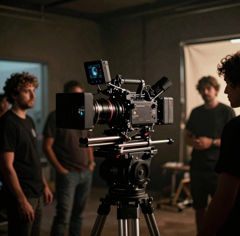 Behind-the-scenes of an active film set, low-key dramatic lighting, anamorphic camera rig in focus, crew members softly blurred in the background, 35mm film photography