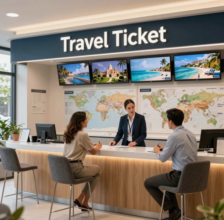 A professional travel advisor in a modern, elegant Monterrey office, consulting with a smiling couple over curated travel itineraries, soft morning light, clean architectural lines, warm sophisticated atmosphere, 35mm look