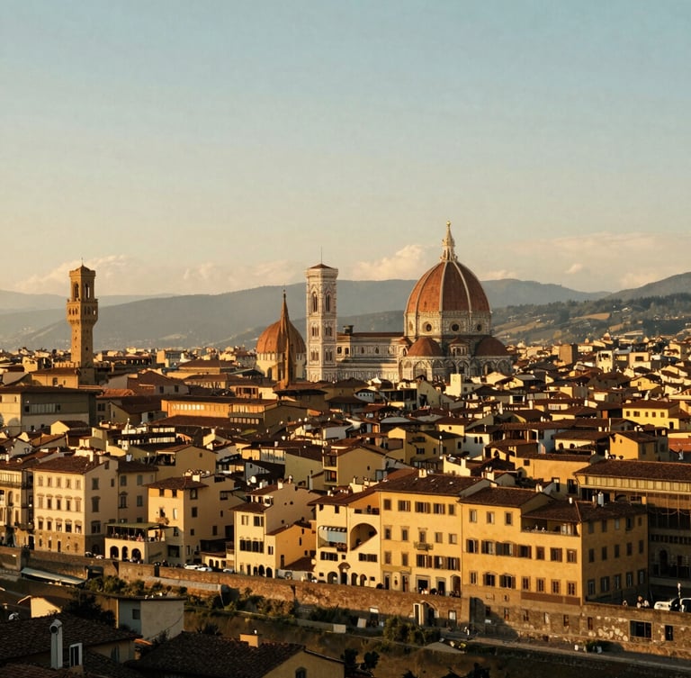 Warm editorial travel photography of a classic European cityscape, sun-drenched street in Florence, golden-hour natural light, 35mm look
