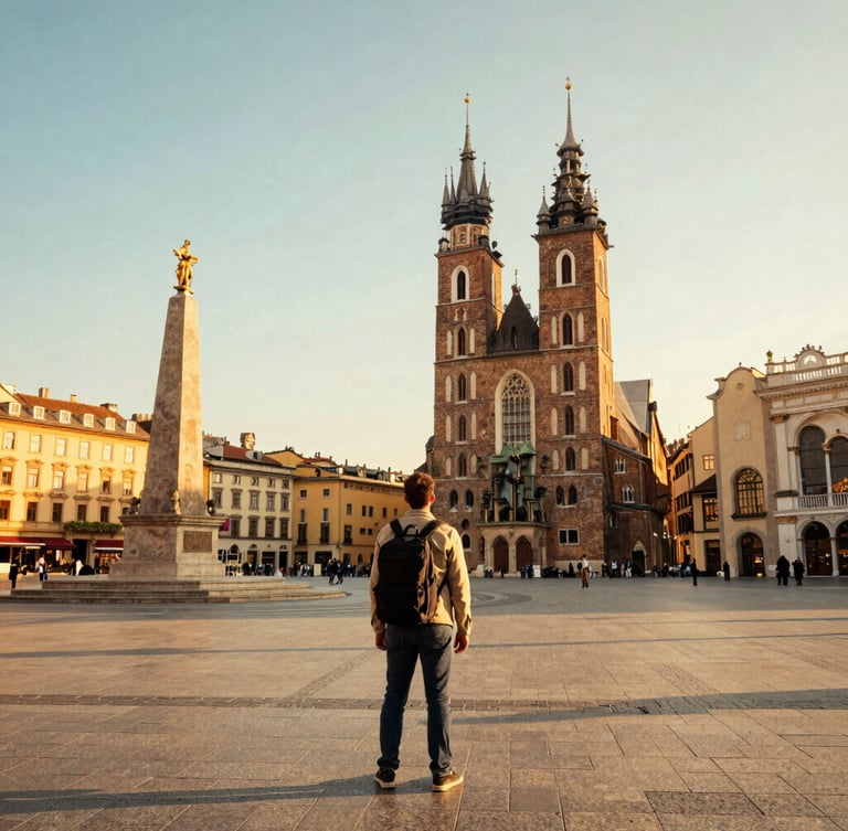 Wide-angle cinematic shot of a traveler looking at a historic European plaza during golden hour, 35mm look, warm editorial travel photography