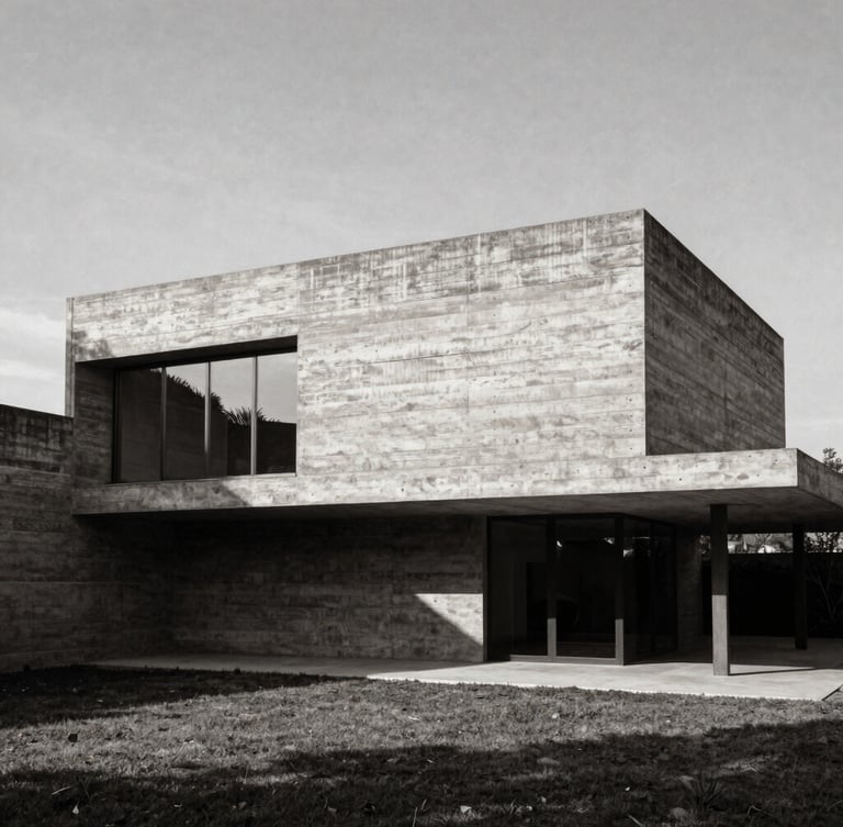 Wide-angle architectural photograph of a brutalist concrete villa, sharp geometric shadows, harsh natural light, minimalist composition, medium format film.