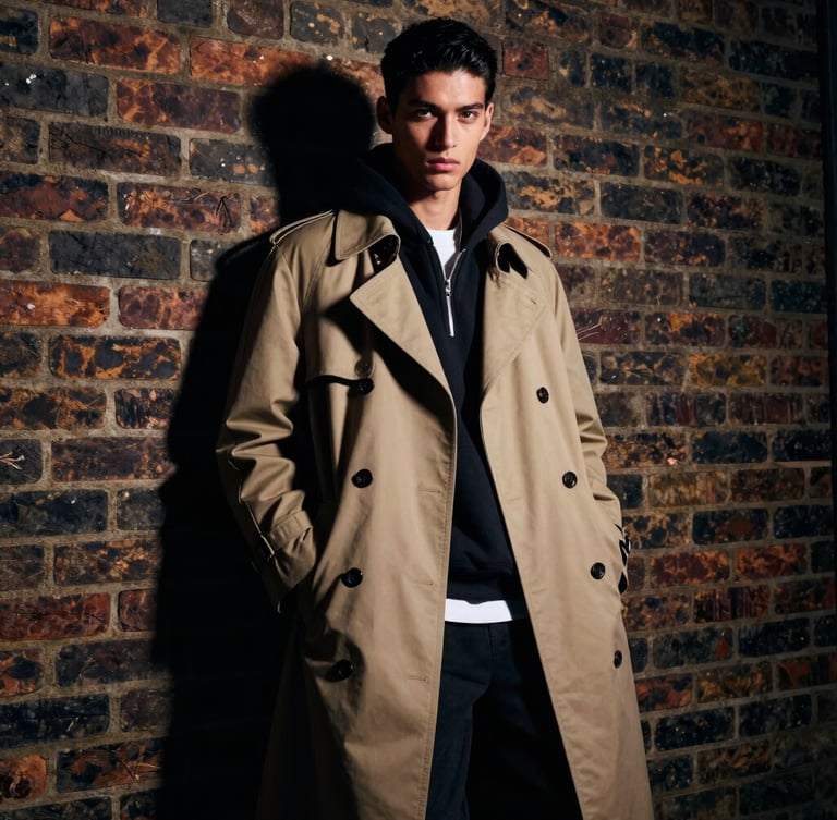 Tight, high-contrast editorial shot of a model in a classic trench coat styled with modern streetwear, shot with harsh direct flash against a raw brick wall in Peckham, deep shadows.