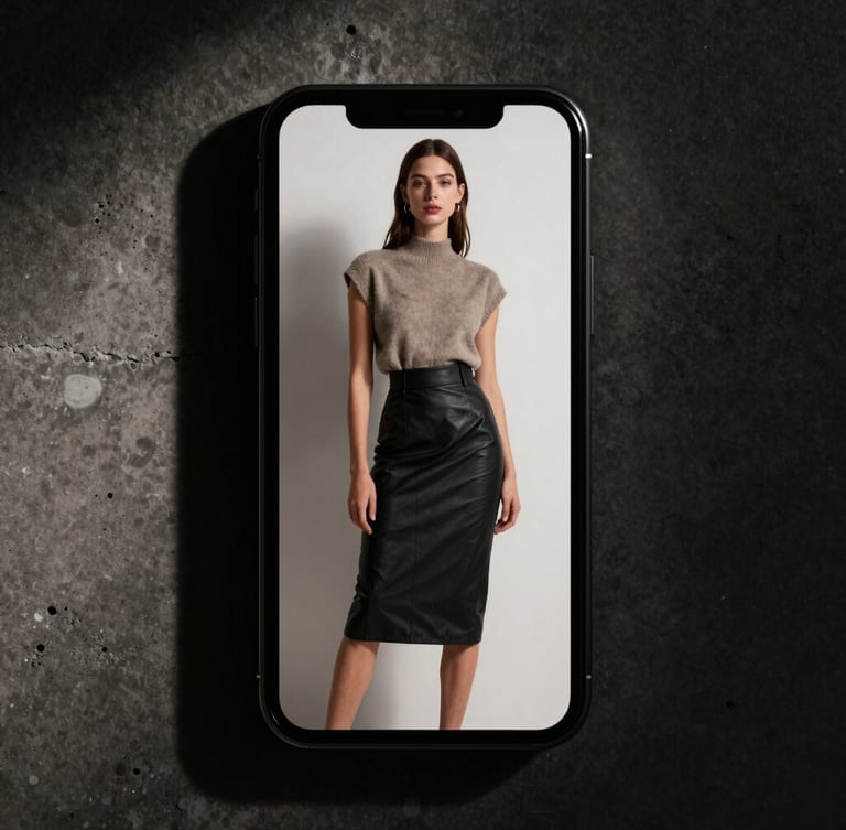 Tight high-contrast crop of a physical smartphone displaying a high-fashion editorial campaign, harsh flash lighting, deep shadows, concrete background