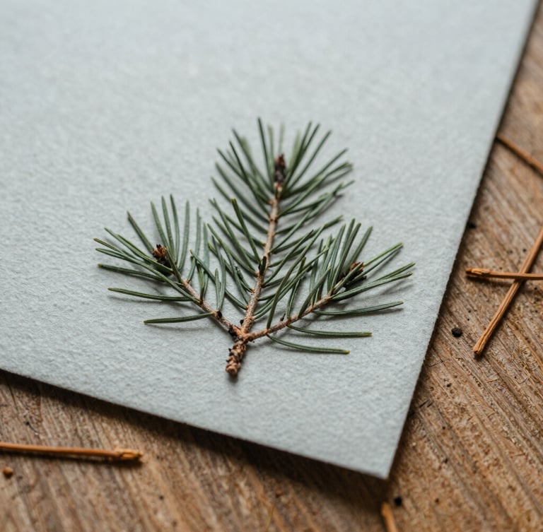 Macro photograph of textured handmade paper resting on rough-hewn pine wood, soft overcast morning light, pine needles scattered, tactile film aesthetic