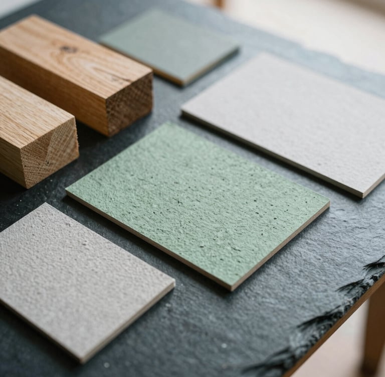 Tactile film photography of rough-hewn wood blocks and textured paper samples on a dark slate table, soft morning light, 35mm, shallow depth of field