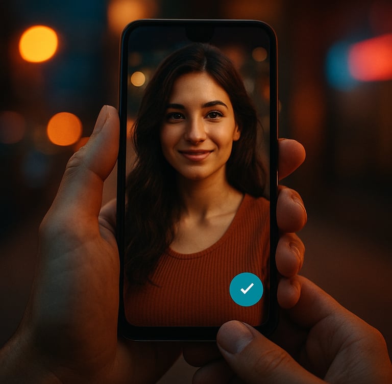 Hands holding an Android device displaying a premium dating profile with a verified badge, soft neon night accents, shallow depth of field