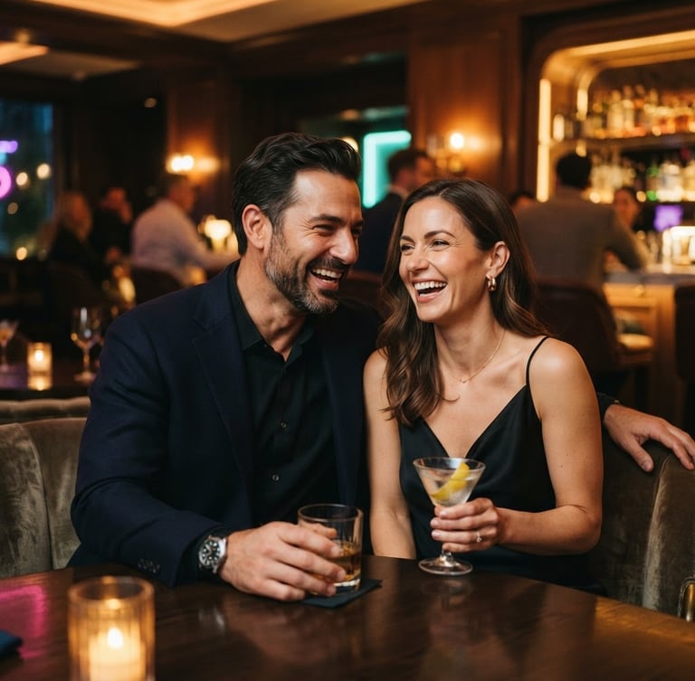 Cinematic medium close-up of a sophisticated couple laughing together in a warm, ambient-lit luxury lounge, shallow depth of field, 35mm