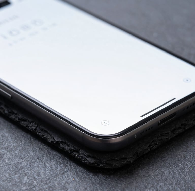 Macro photograph of a sharp slate stone edge contrasting with a clean, glowing mobile UI wireframe on a screen, cool studio lighting, sharp shadows.
