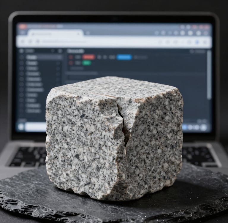 Macro photograph of a sharp, split granite stone block juxtaposed with a glowing, crisp high-fidelity digital browser interface wireframe, high contrast studio lighting, cool ambient slate tones.