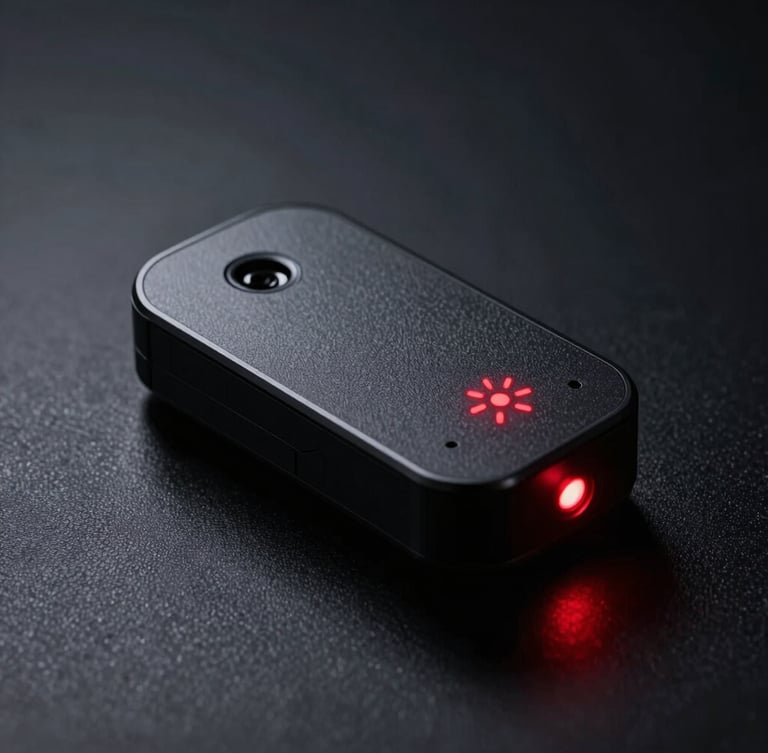 Sleek dark GPS tracking hardware on a textured black surface, sharp signal-red indicator light glowing, dramatic low-key studio lighting, technical macro perspective.