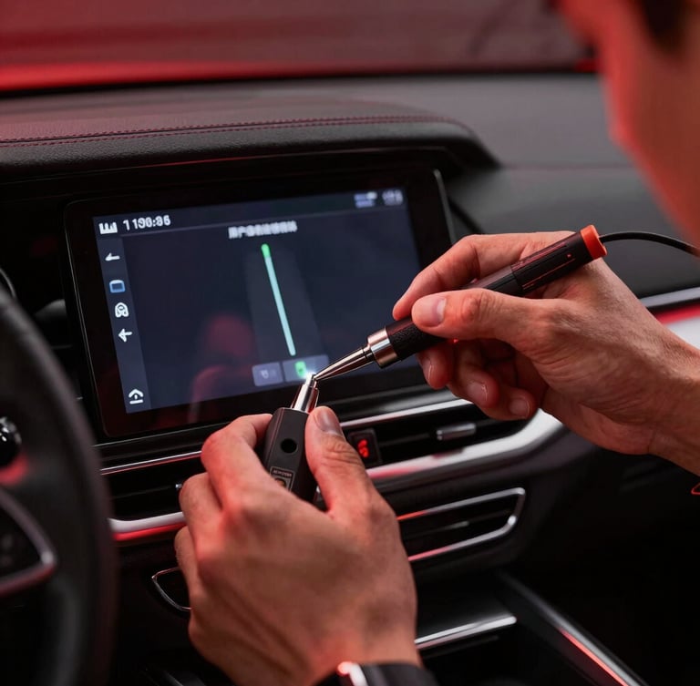 Close-up of professional technician hands performing a clean GPS installation under a modern car dashboard with precise tools, dramatic red ambient lighting.