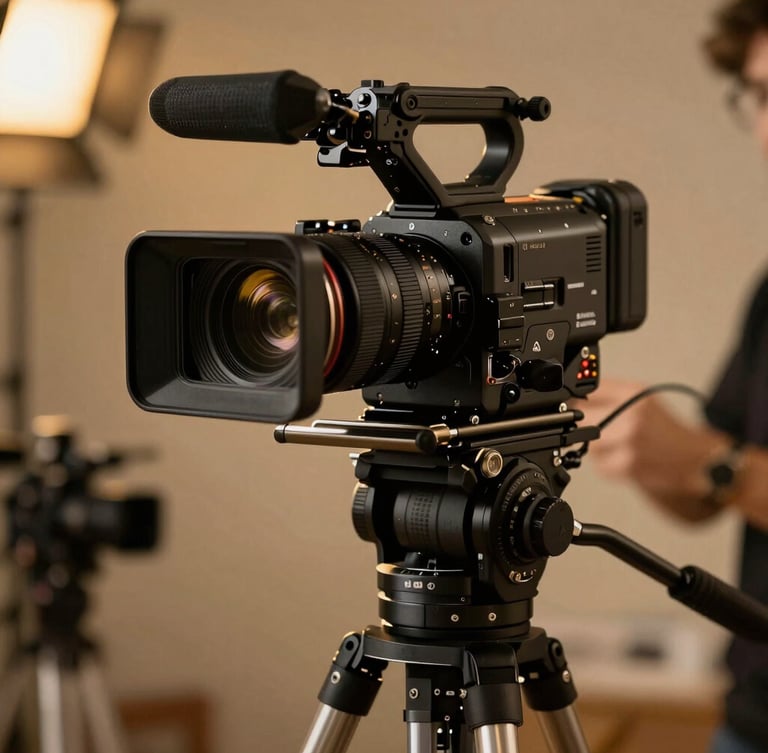 Professional 4K cinema camera with microphone and lens mounted on a tripod in a film studio setting.