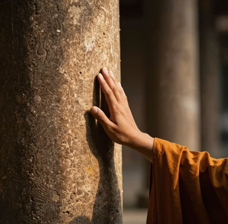 Cinematic close-up in deep shadow of a monk's hand gently touching a weathered ancient temple pillar, single-source side lighting, warm golden hour tones