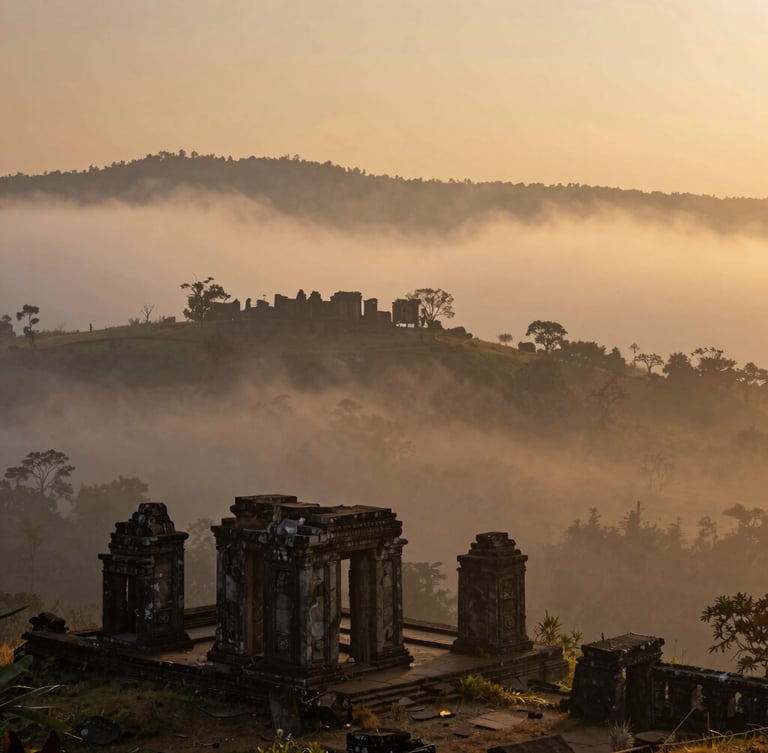 Extreme wide cinematic landscape of misty Sri Lankan highlands at golden hour, ancient stone ruins emerging from the fog, low-key dramatic lighting.