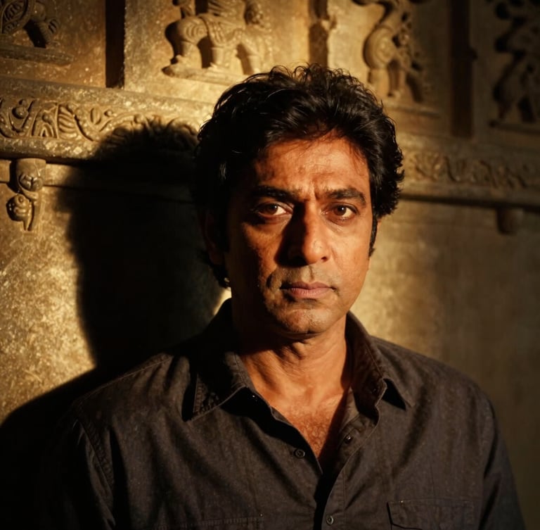 Cinematic portrait of a classic South Asian actor in deep shadow, warm golden light catching temple stone carvings in the background, dramatic chiaroscuro, 2.39:1 aspect ratio.