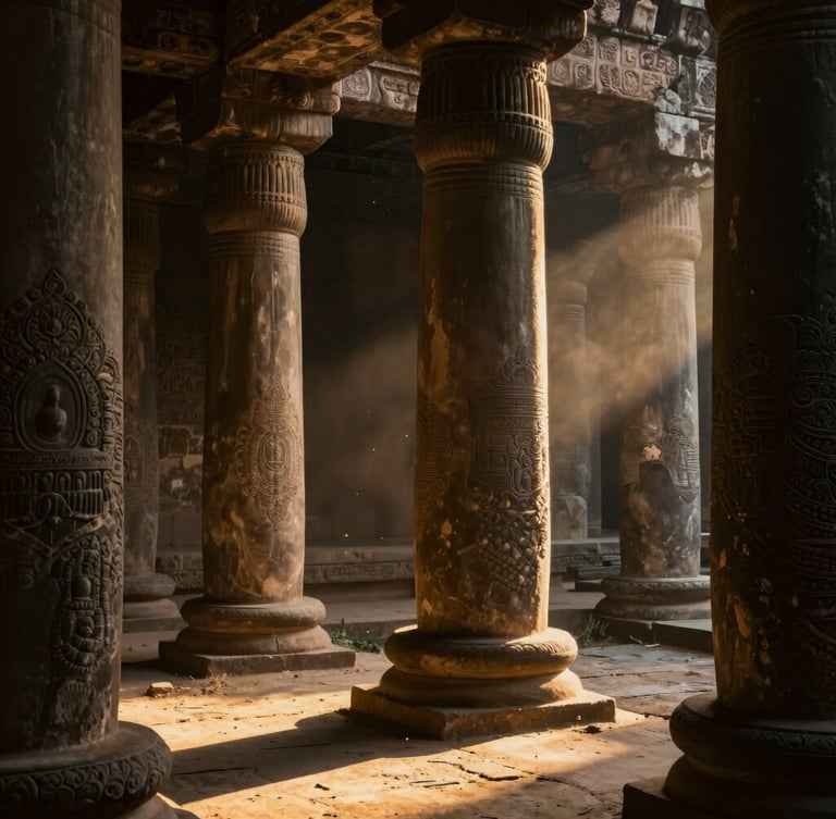 Chiaroscuro side-lit view of ancient stone pillars in Sri Lanka, golden hour light filtering through dust motes, deep shadows, cinematic 2.39:1 atmosphere