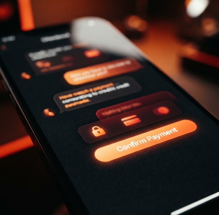 Tight macro shot of a smartphone screen displaying a sleek dark-mode conversational checkout interface with subtle orange ambient highlights, sharp focus, 35mm