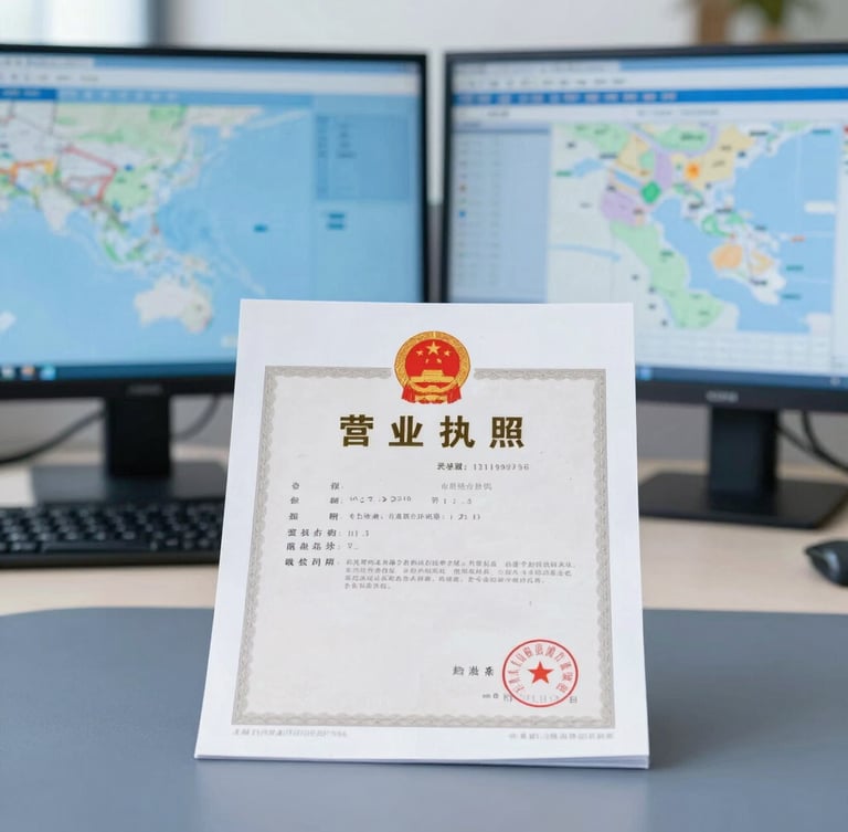 Straight-on shot of official state registry documents and business license on a clean corporate desk, maps data on a dual monitor blurred in background, crisp daylight, professional blue tones