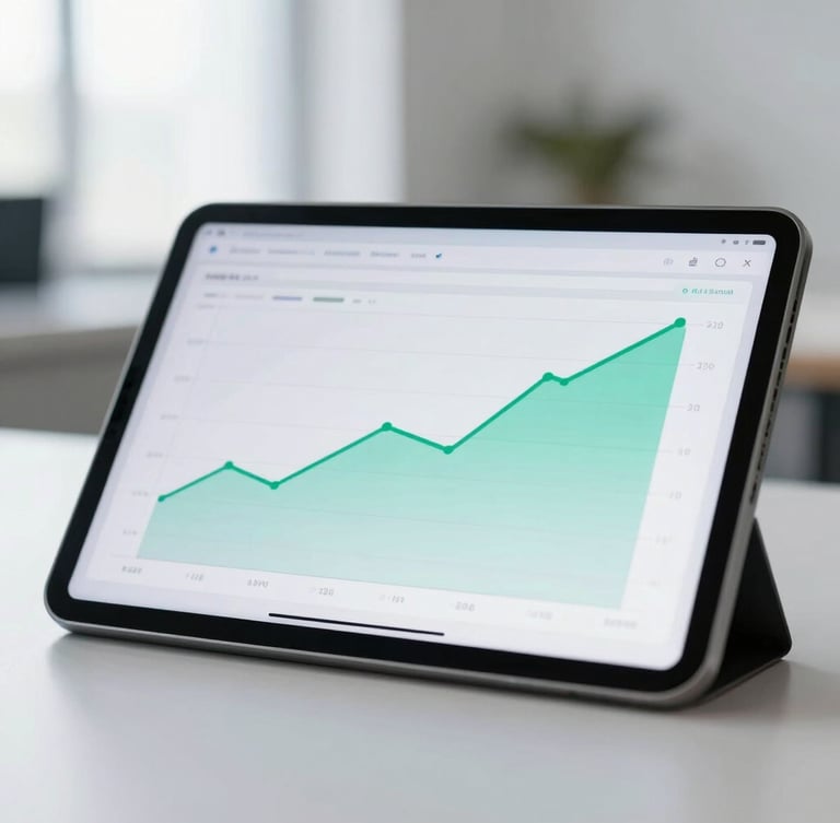 Macro shot of a clean modern tablet displaying an analytics dashboard with rising green charts, soft screen glow, minimalist office background