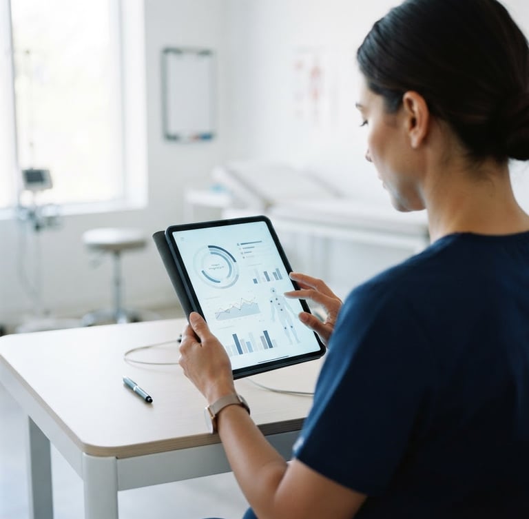 Over-the-shoulder view of a doctor reviewing a clean digital dashboard on a tablet in a bright clinic, cool screen glow, minimalist design, 35mm lens