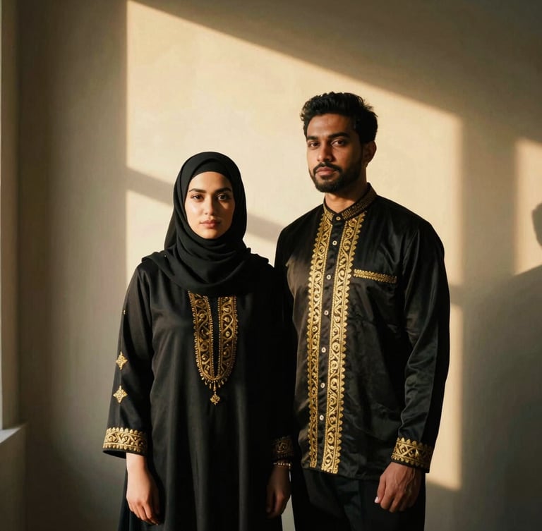 Elegant Muslim couple wearing coordinated premium outfits, minimalist luxury backdrop, soft dramatic lighting, 35mm