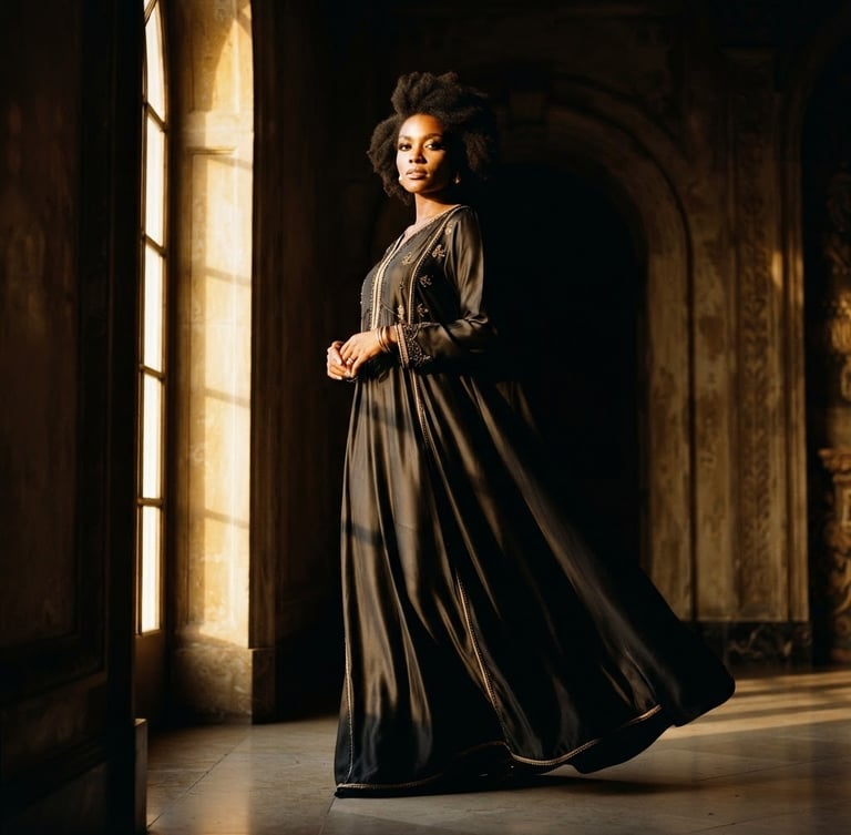 Editorial fashion photography of a model in a flowing black premium silk gamis, dramatic golden hour window light, rich black and gold tones, high contrast, 35mm
