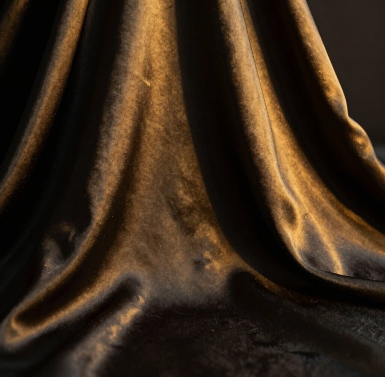 Close-up of premium satin silk fabric draping elegantly, soft golden light catching the weave texture, deep shadows, luxurious minimalist fashion aesthetic, 35mm