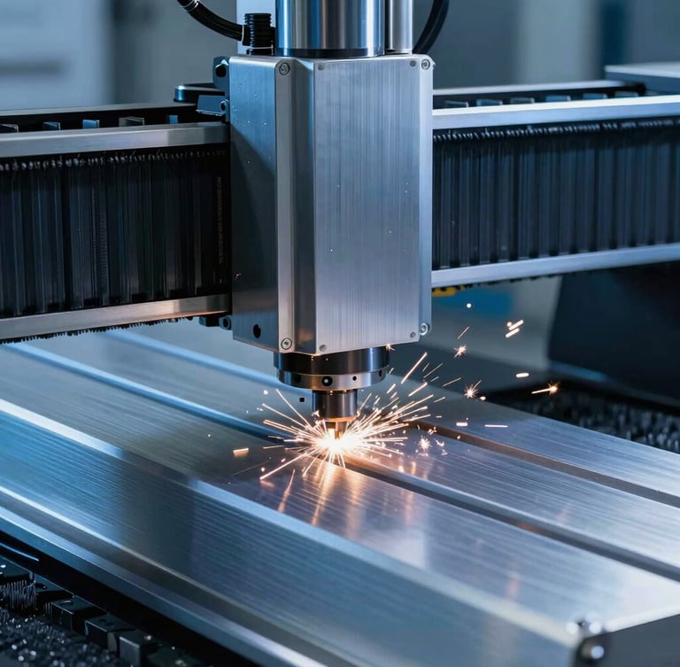 Hero portrait shot of a high-precision CNC router cutting through brushed aluminum, sparks flying, cool blue lighting highlighting metallic edges, crisp focus.