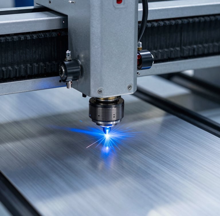 Close-up of a high-precision laser cutter emitting sharp blue sparks as it slices through a thick sheet of brushed aluminum, high-contrast cool lighting, industrial precision.