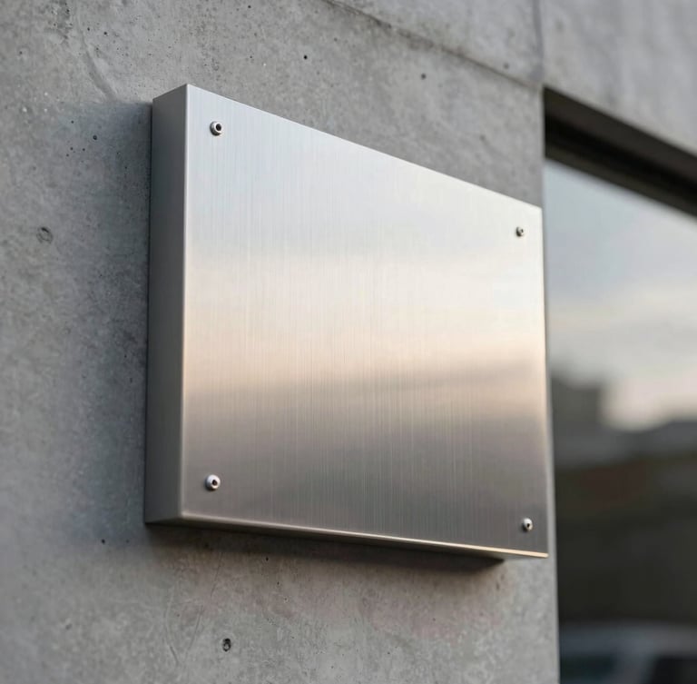 Close-up of high-precision installation of architectural retail signage, brushed aluminum panel being mounted on a clean concrete facade, cool morning light
