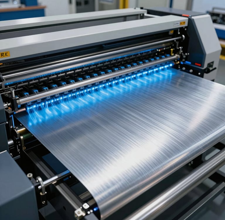 A massive industrial flatbed printer in operation, sharp technical cyan UV light curing ink on a brushed aluminum sheet, cool high-contrast lighting.
