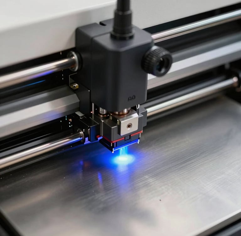 Close-up of a high-precision SwissQprint flatbed printer head curing ink with technical cyan UV light on a brushed metal substrate