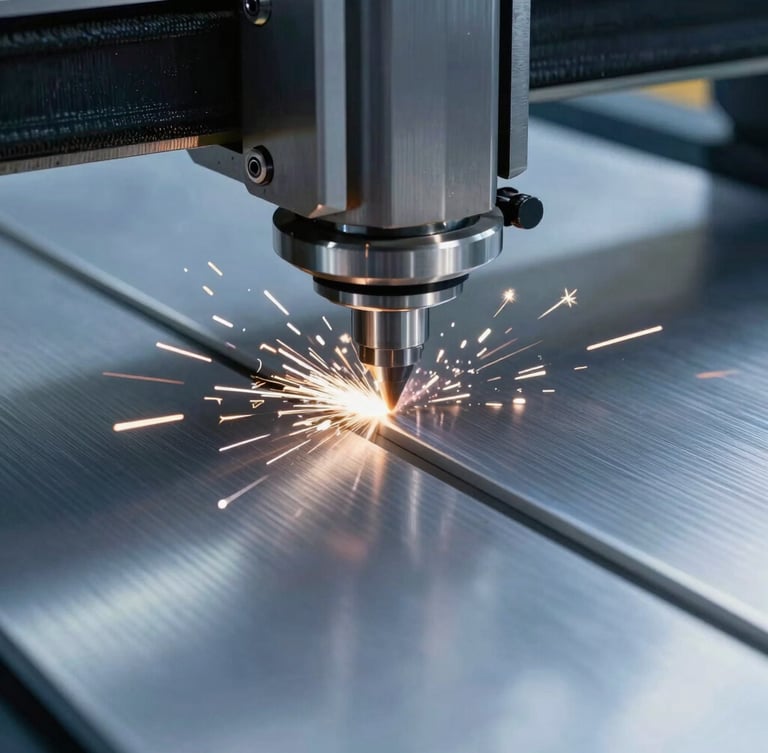 Extreme macro close-up of a high-precision CNC router cutting clean edges into a thick brushed aluminum sheet, bright sparks flying, cool blue technical lighting highlighting metallic textures.