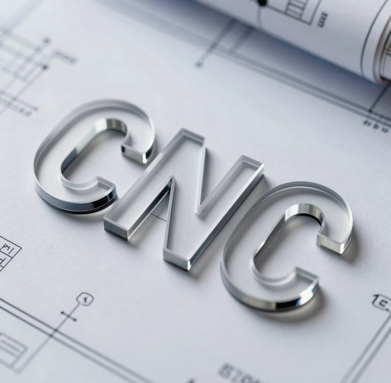 Macro detail shot of CNC routed acrylic letters with polished edges, resting on a clean engineering blueprint.