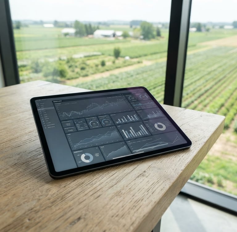Close-up of a modern tablet displaying a financial dashboard on a clean wooden table, bright natural daylight, agricultural fields visible through a large window in the background, cool slate gray tones.