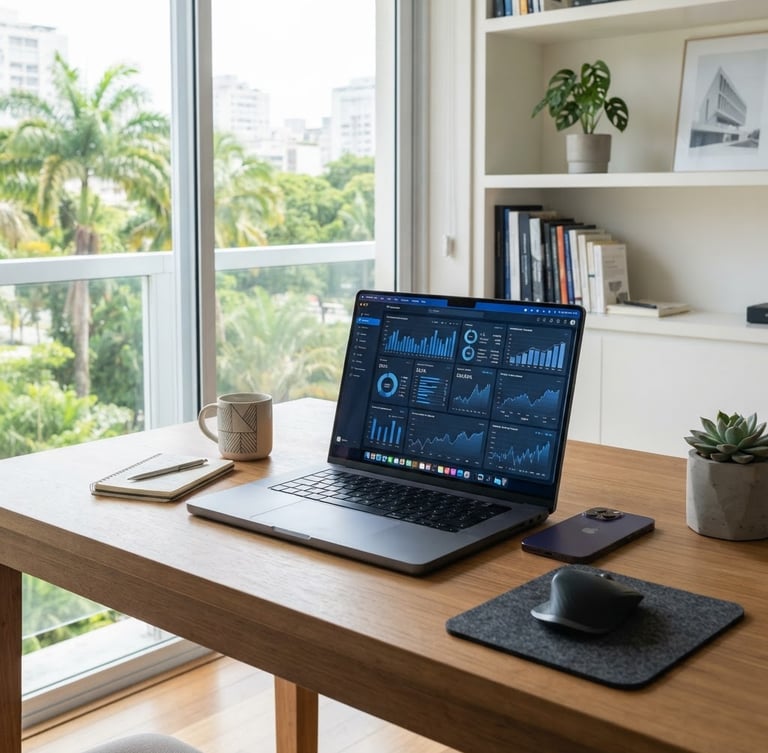 A modern, bright Brazilian home office with a clean wooden desk, a laptop displaying a financial dashboard with blue charts, a smartphone nearby, natural daylight streaming in