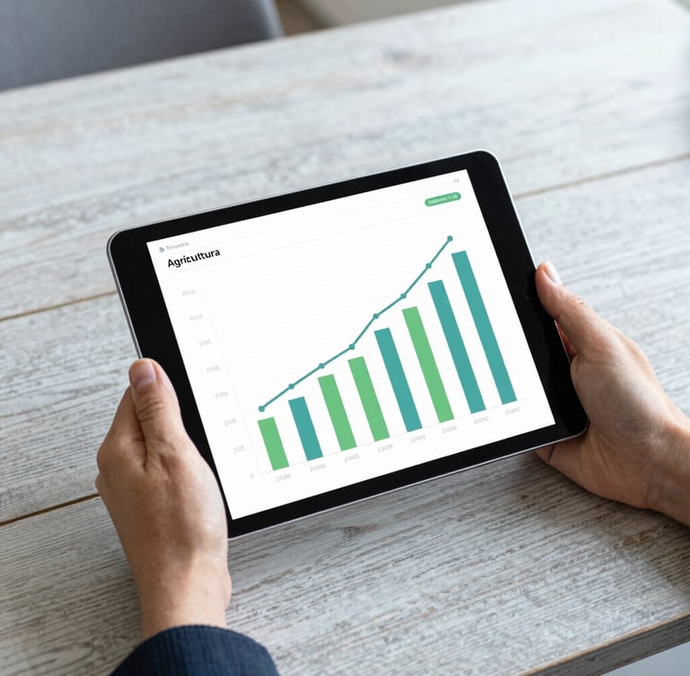 A modern tablet showing agricultural growth charts, held by hands over a clean rustic desk, bright daylight, professional editorial style.